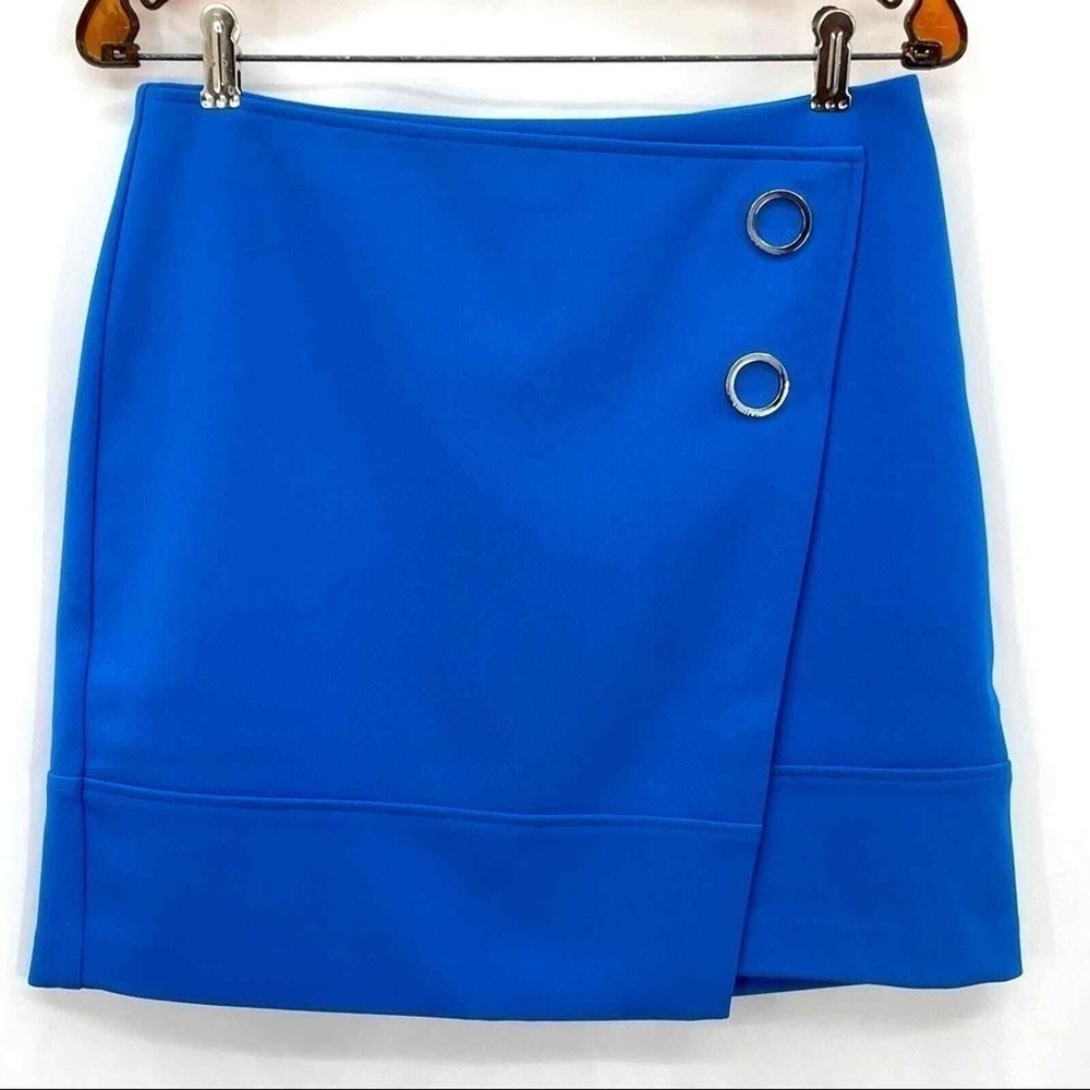 H&M Wrap Mini Skirt Women Size 8 Blue Grommet Eyelet Detail Solid Career Modern